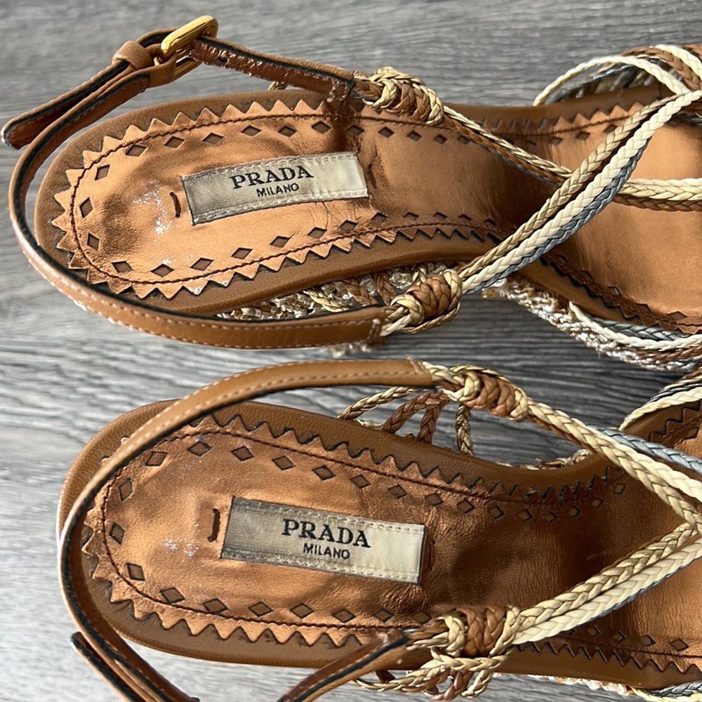 Prada Brown, Tan and Cream Braided Platform Sandals - Picture 10 of 14